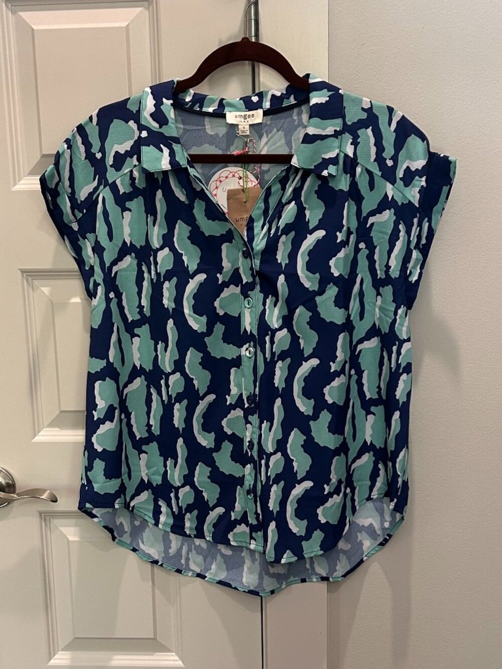 Umgee Animal Print Short Sleeve Button Down Blouse